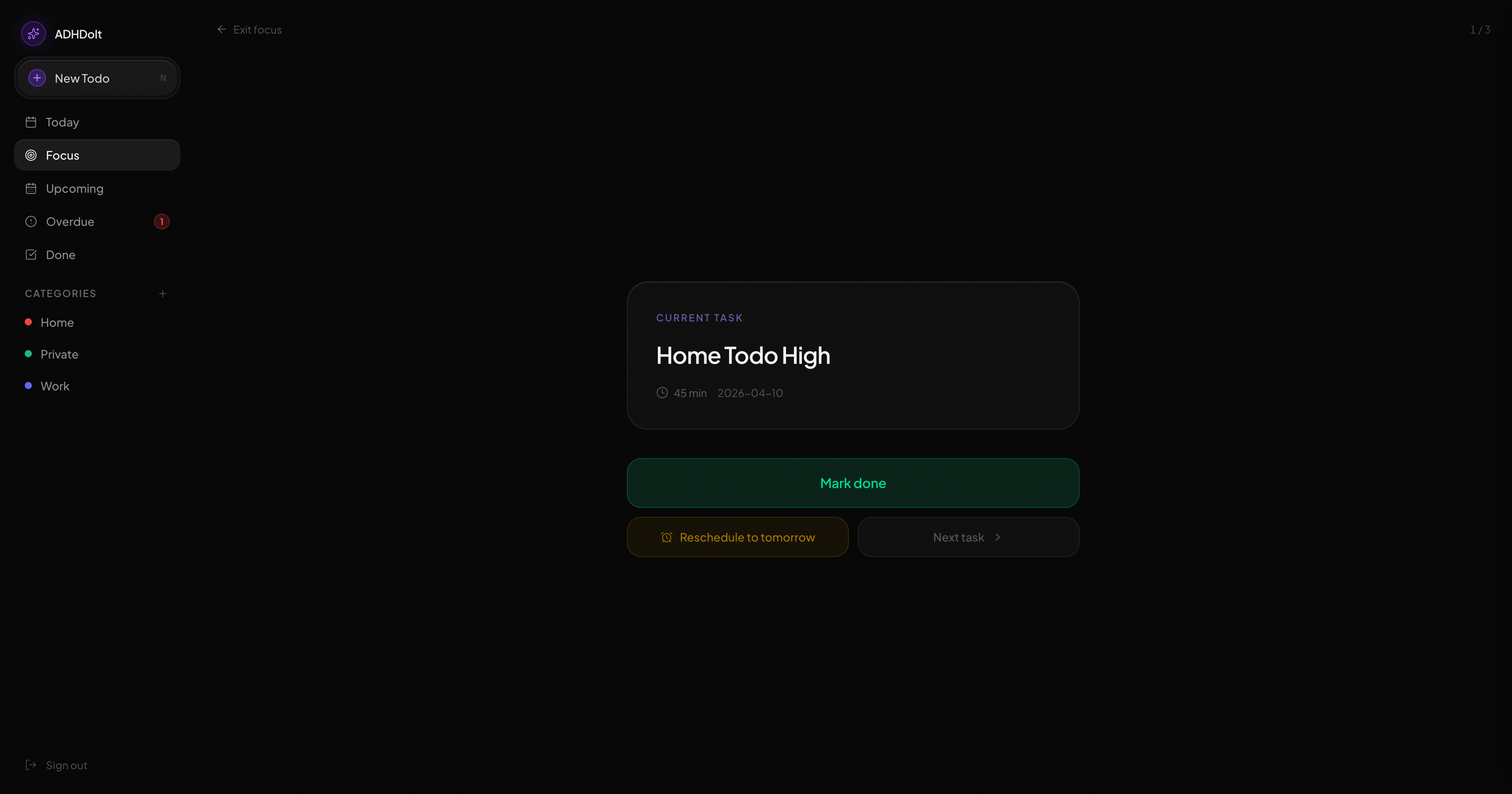 Focus mode showing a single task full-screen