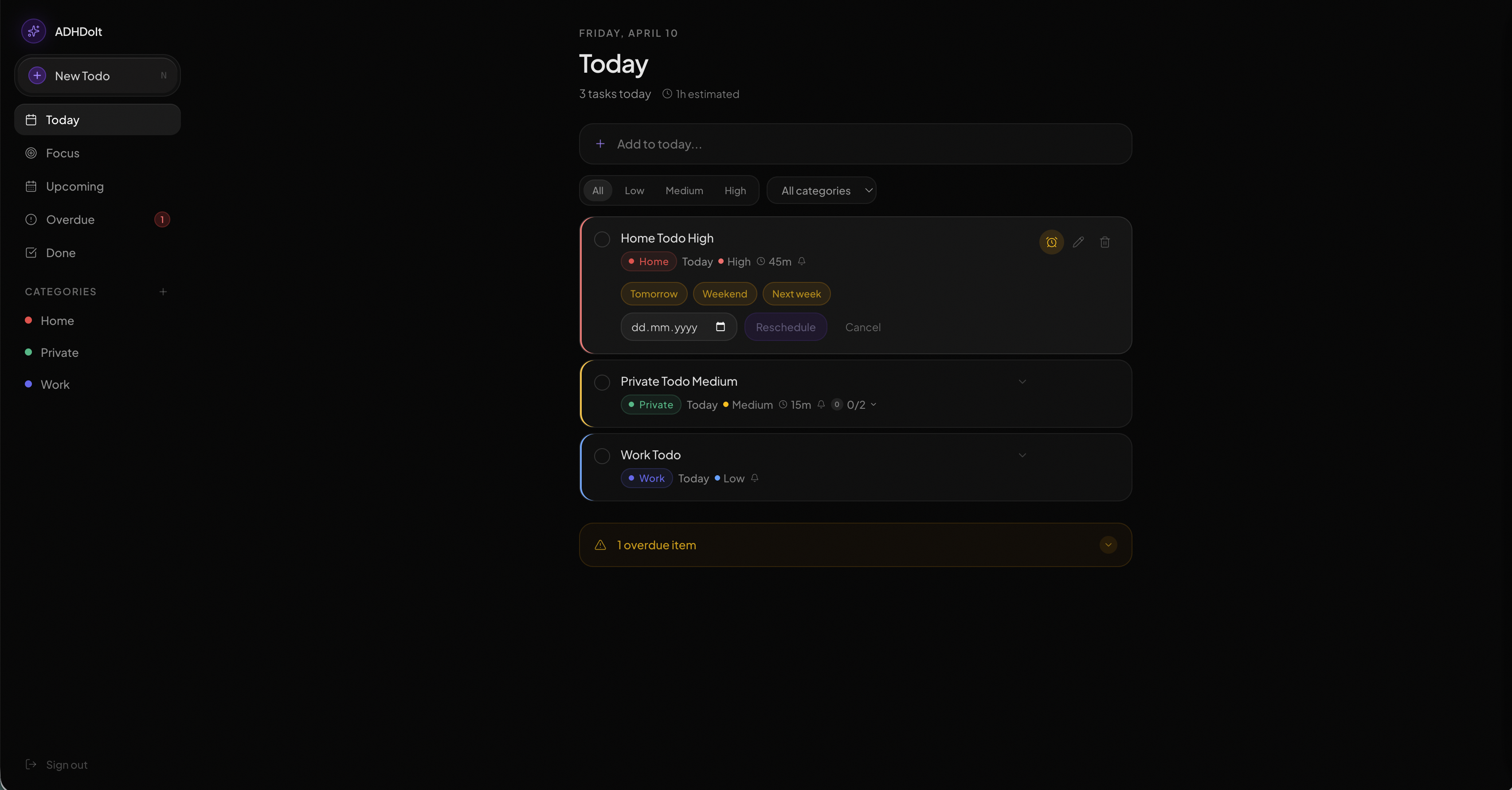 Snooze preset pills on a task card